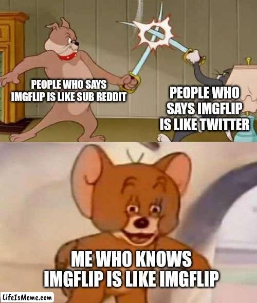 Lifeismeme is like imgflip | PEOPLE WHO SAYS IMGFLIP IS LIKE SUB REDDIT; PEOPLE WHO SAYS IMGFLIP IS LIKE TWITTER; ME WHO KNOWS IMGFLIP IS LIKE IMGFLIP | image tagged in tom and jerry swordfight | made w/ Lifeismeme meme maker