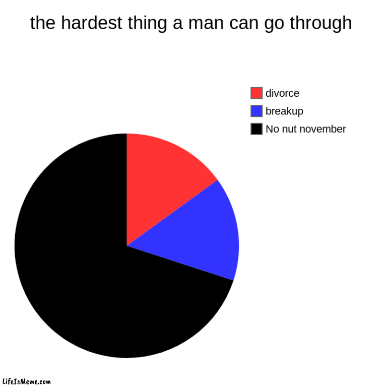 yes very true | the hardest thing a man can go through | No nut november, breakup, divorce | image tagged in charts,pie charts | made w/ Lifeismeme chart maker