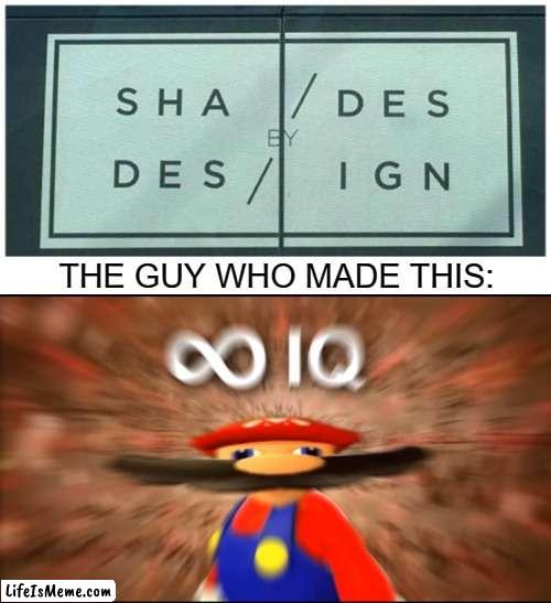 Shades Design is literal perfection | THE GUY WHO MADE THIS: | image tagged in infinity iq mario,design,perfection,funny,memes,smort | made w/ Lifeismeme meme maker