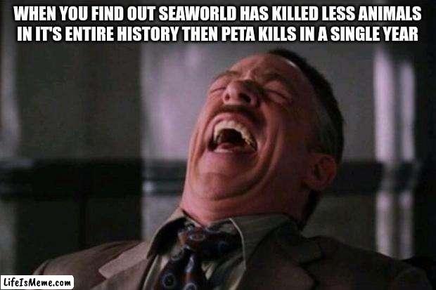 I find it so stupid that PETA thinks that SeaWorld is worse then them even though they kill healthy animals lol | WHEN YOU FIND OUT SEAWORLD HAS KILLED LESS ANIMALS IN IT'S ENTIRE HISTORY THEN PETA KILLS IN A SINGLE YEAR | image tagged in spider man boss,peta,seaworld,get a load of this guy | made w/ Lifeismeme meme maker