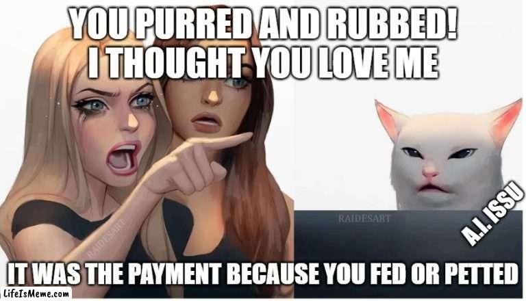 Cat god | YOU PURRED AND RUBBED!
I THOUGHT YOU LOVE ME; A.I. ISSU; IT WAS THE PAYMENT BECAUSE YOU FED OR PETTED | image tagged in angry woman,cat | made w/ Lifeismeme meme maker