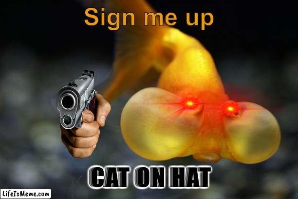 hold your breath goldfish | Sign me up; CAT ON HAT | image tagged in hold your breath goldfish,cat in the hat with a bat ______ colorized,stop upvote begging,guns,fish,cat in the hat | made w/ Lifeismeme meme maker