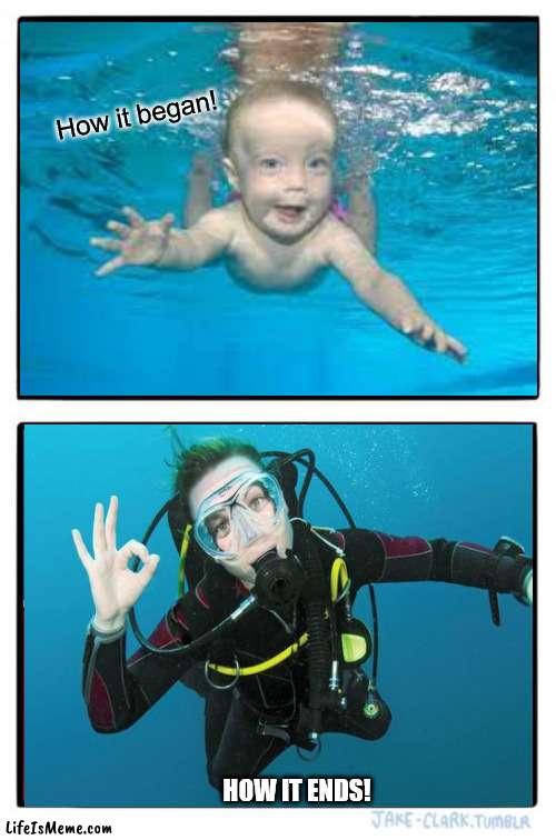 Life Process of Scuba | How it began! HOW IT ENDS! | image tagged in memes,two buttons | made w/ Lifeismeme meme maker