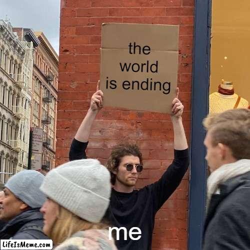 sign | the world is ending; me | image tagged in memes,guy holding cardboard sign | made w/ Lifeismeme meme maker