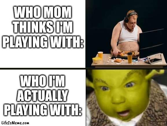 gaming meme | WHO MOM THINKS I'M PLAYING WITH:; WHO I'M ACTUALLY PLAYING WITH: | image tagged in funny meme | made w/ Lifeismeme meme maker