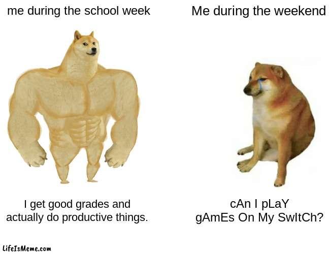 me during weekend | me during the school week; Me during the weekend; I get good grades and actually do productive things. cAn I pLaY gAmEs On My SwItCh? | image tagged in memes,buff doge vs cheems | made w/ Lifeismeme meme maker