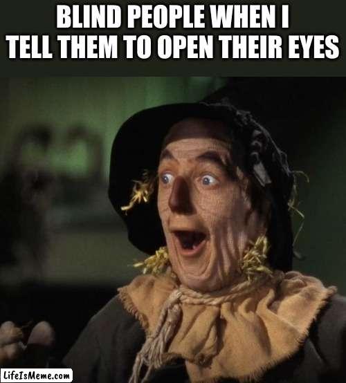 cant think of a good title | BLIND PEOPLE WHEN I TELL THEM TO OPEN THEIR EYES | image tagged in straw man - what a great idea,duh,of course,funny | made w/ Lifeismeme meme maker