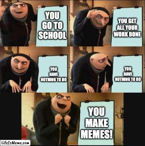 i made the meme in school lol | YOU GO TO SCHOOL; YOU GET ALL YOUR WORK DONE; YOU HAVE NOTHING TO DO; YOU HAVE NOTHING TO DO; YOU MAKE MEMES! | image tagged in 5 panel gru meme | made w/ Lifeismeme meme maker