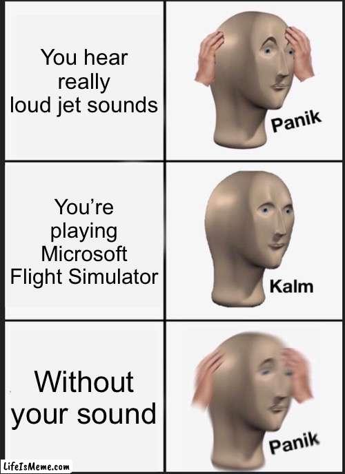 Darn | You hear really loud jet sounds; You’re playing Microsoft Flight Simulator; Without your sound | image tagged in memes,panik kalm panik,who_am_i,iceu,abigblueworld | made w/ Lifeismeme meme maker