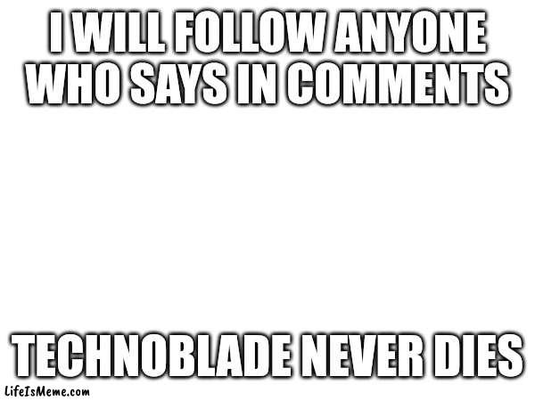 Technoblade never dies | I WILL FOLLOW ANYONE WHO SAYS IN COMMENTS; TECHNOBLADE NEVER DIES | image tagged in technoblade | made w/ Lifeismeme meme maker