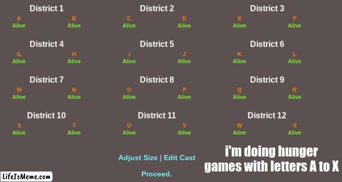 What i am doing today | i'm doing hunger games with letters A to X | image tagged in hunger games,alphabet lore,unfunny | made w/ Lifeismeme meme maker