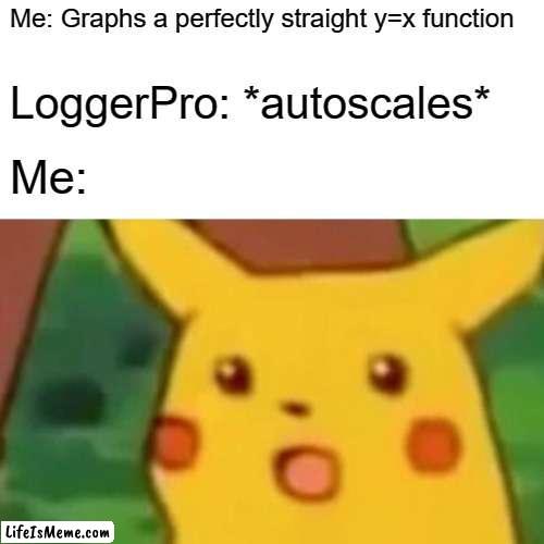 Autoscale Moment | Me: Graphs a perfectly straight y=x function; LoggerPro: *autoscales*; Me: | image tagged in memes,surprised pikachu | made w/ Lifeismeme meme maker