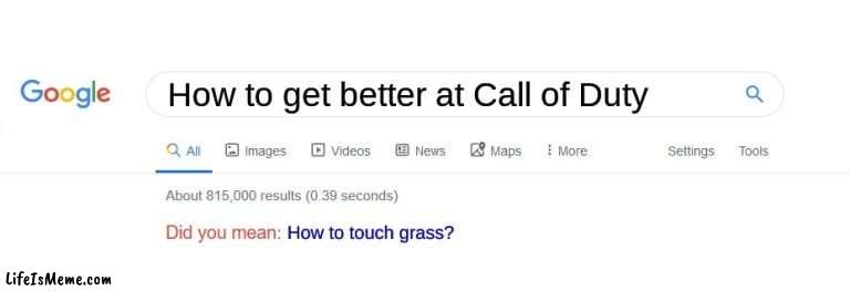 Gamers: | How to get better at Call of Duty; How to touch grass? | image tagged in did you mean,oh wow are you actually reading these tags | made w/ Lifeismeme meme maker