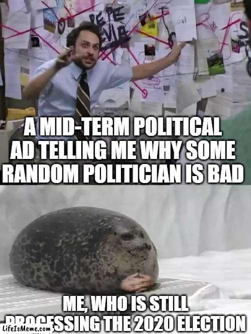 Political Ads be like | A MID-TERM POLITICAL AD TELLING ME WHY SOME RANDOM POLITICIAN IS BAD; ME, WHO IS STILL PROCESSING THE 2020 ELECTION | image tagged in man explaining to seal | made w/ Lifeismeme meme maker