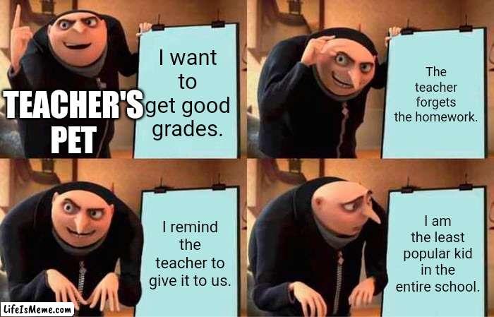 Teacher's pets be like: | I want to get good grades. The teacher forgets the homework. TEACHER'S PET; I remind the teacher to give it to us. I am the least popular kid in the entire school. | image tagged in memes,gru's plan,school,homework,popular | made w/ Lifeismeme meme maker