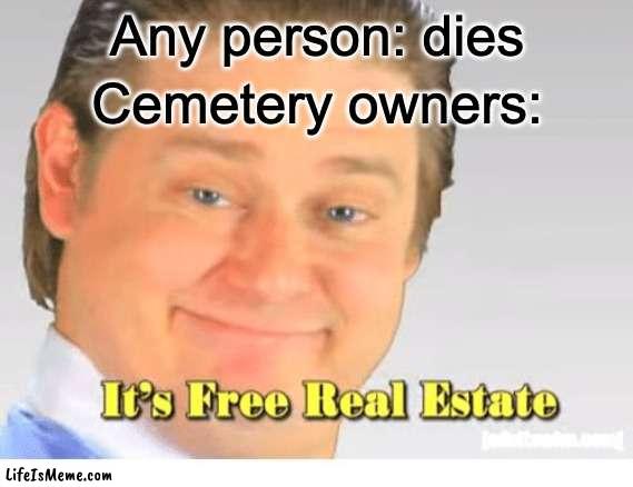 Cemetery owners are messed up | Any person: dies; Cemetery owners: | image tagged in it's free real estate,memes,funny | made w/ Lifeismeme meme maker