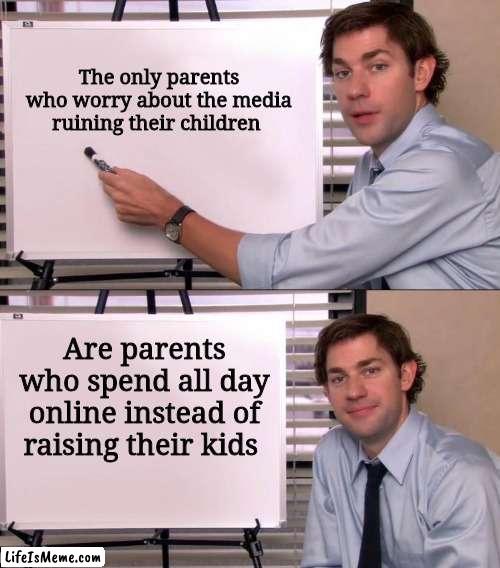 If Disney has more influence over your kids than you do, you failed as a parent | The only parents who worry about the media ruining their children; Are parents who spend all day online instead of raising their kids | image tagged in jim halpert explains | made w/ Lifeismeme meme maker