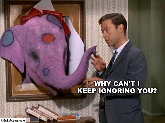 It's in the room | WHY CAN'T I KEEP IGNORING YOU? | image tagged in bewitched gazebo,elephant,mind control,mind blown,denial,what if i told you | made w/ Lifeismeme meme maker