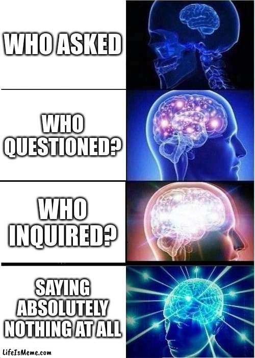 Middle School Be Like | WHO ASKED; WHO QUESTIONED? WHO INQUIRED? SAYING ABSOLUTELY NOTHING AT ALL | image tagged in memes,expanding brain | made w/ Lifeismeme meme maker