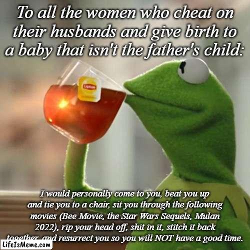 Nuff said | To all the women who cheat on their husbands and give birth to a baby that isn't the father's child:; I would personally come to you, beat you up and tie you to a chair, sit you through the following movies (Bee Movie, the Star Wars Sequels, Mulan 2022), rip your head off, shit in it, stitch it back together, and resurrect you so you will NOT have a good time. | image tagged in memes,but that's none of my business,kermit the frog,cheating,women,women be trippin' | made w/ Lifeismeme meme maker