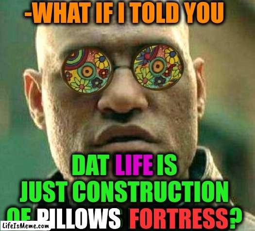 -Simple definition. | -WHAT IF I TOLD YOU; DAT LIFE IS JUST CONSTRUCTION OF PILLOWS FORTRESS? LIFE; FORTRESS; PILLOWS | image tagged in acid kicks in morpheus,hey you going to sleep,team fortress 2,pillow,gacha life,what if i told you | made w/ Lifeismeme meme maker