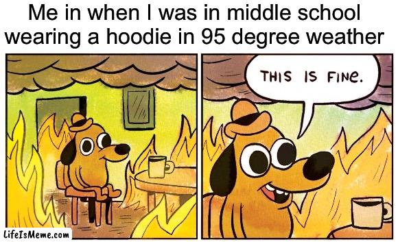 I still kinda do it even though I’m in high school now | Me in when I was in middle school wearing a hoodie in 95 degree weather | image tagged in memes,this is fine,funny,hoodie,true story,relatable memes | made w/ Lifeismeme meme maker