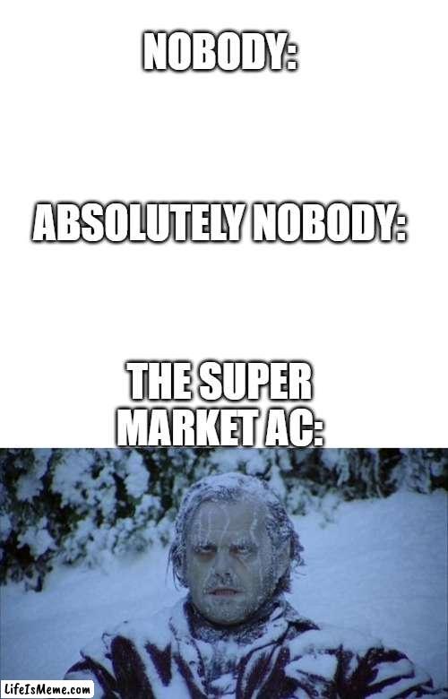 Why put the frozen meat in the fridge | NOBODY:; ABSOLUTELY NOBODY:; THE SUPER MARKET AC: | image tagged in memes,blank transparent square,cold | made w/ Lifeismeme meme maker