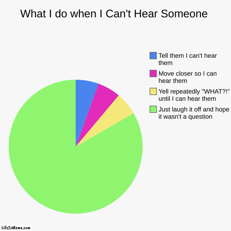 Or I just panic | What I do when I Can't Hear Someone | Just laugh it off and hope it wasn't a question, Yell repeatedly "WHAT?!" until I can hear them, Move  | image tagged in charts,pie charts | made w/ Lifeismeme chart maker