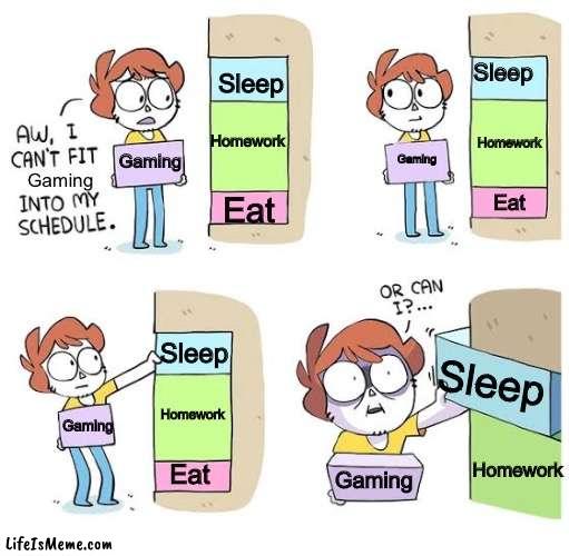 Sacrificial Gaming | Sleep; Sleep; Homework; Homework; Gaming; Gaming; Gaming; Eat; Eat; Sleep; Sleep; Homework; Gaming; Homework; Eat; Gaming | image tagged in schedule meme,sleep,gaming | made w/ Lifeismeme meme maker