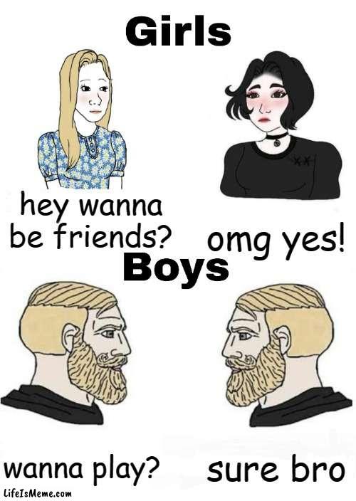 how girls and boys make friends | hey wanna be friends? omg yes! sure bro; wanna play? | image tagged in girls vs boys | made w/ Lifeismeme meme maker