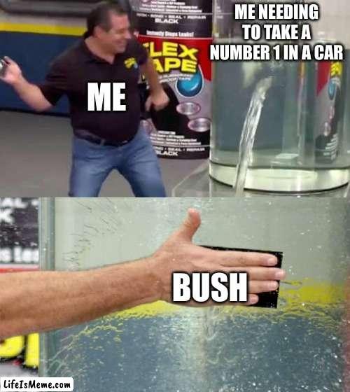 men use bushes | ME NEEDING TO TAKE A NUMBER 1 IN A CAR; ME; BUSH | image tagged in flex tape,memes,funny,funny memes,bush,men | made w/ Lifeismeme meme maker