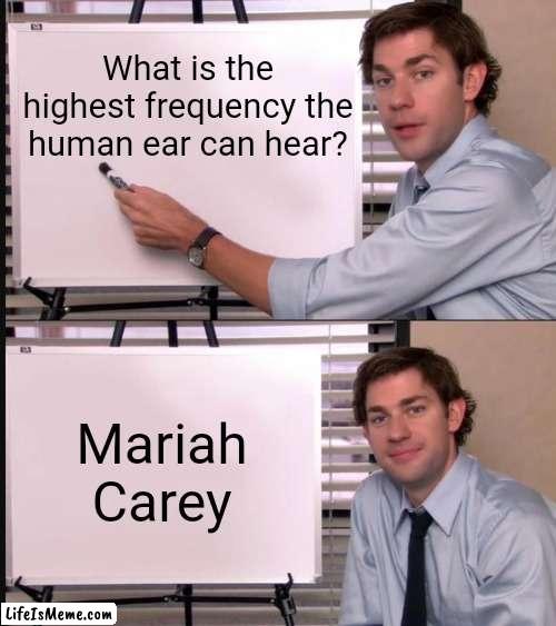 Jim Halpert Pointing to Whiteboard | What is the highest frequency the human ear can hear? Mariah Carey | image tagged in jim halpert pointing to whiteboard,mariah carey,lol,true | made w/ Lifeismeme meme maker