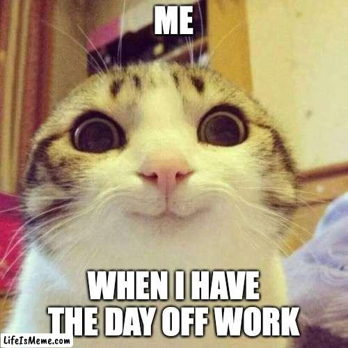 Day off work | ME; WHEN I HAVE THE DAY OFF WORK | image tagged in memes,smiling cat | made w/ Lifeismeme meme maker