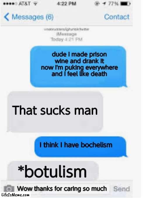 Botulism* | dude i made prison wine and drank it now i'm puking everywhere and i feel like death; That sucks man; I think I have bochelism; *botulism; Wow thanks for caring so much | image tagged in blank text conversation,memes,sick | made w/ Lifeismeme meme maker