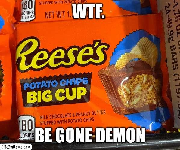 Potato | WTF. BE GONE DEMON | image tagged in reeces,iceu,disgusting,reeces potato chip,potato chip flavor | made w/ Lifeismeme meme maker