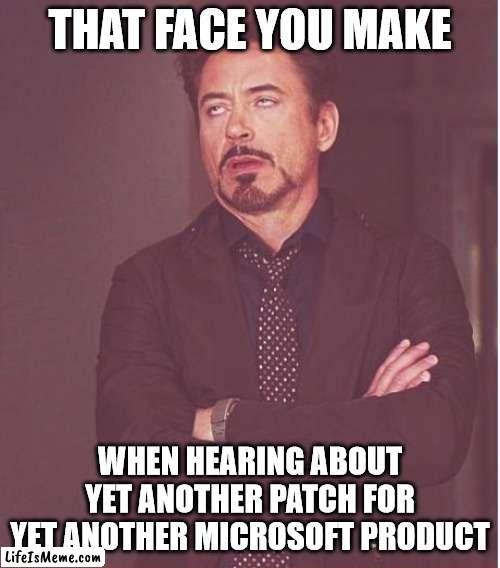 Maybe they have too many products | THAT FACE YOU MAKE; WHEN HEARING ABOUT YET ANOTHER PATCH FOR YET ANOTHER MICROSOFT PRODUCT | image tagged in memes,face you make robert downey jr | made w/ Lifeismeme meme maker