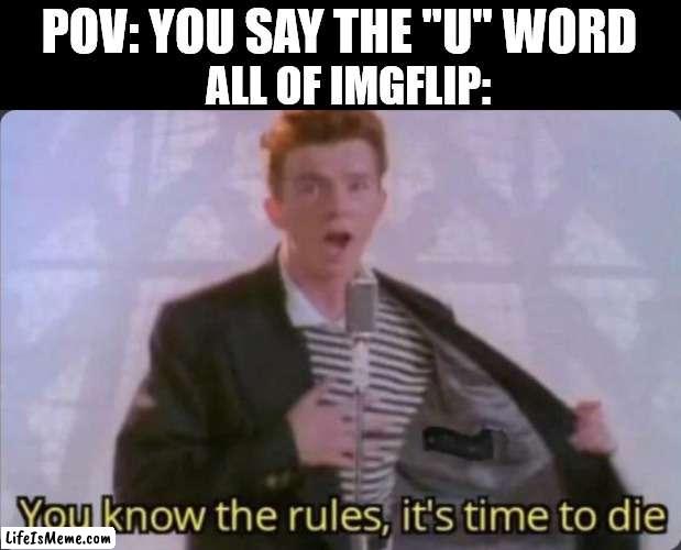 I didn't say it | POV: YOU SAY THE "U" WORD; ALL OF IMGFLIP: | image tagged in you know the rules it's time to die | made w/ Lifeismeme meme maker