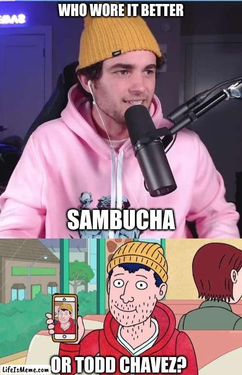 Who Wore It Better Wednesday #132 - Yellow wool caps | WHO WORE IT BETTER; SAMBUCHA; OR TODD CHAVEZ? | image tagged in memes,who wore it better,youtube,tiktok,bojack horseman,netflix | made w/ Lifeismeme meme maker