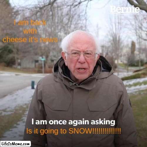 new's | I am back with cheese it's news; Is it going to SNOW!!!!!!!!!!!!!! | image tagged in memes,bernie i am once again asking for your support | made w/ Lifeismeme meme maker