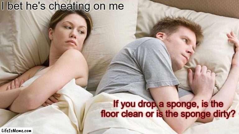 Thinking Hard | I bet he's cheating on me; If you drop a sponge, is the floor clean or is the sponge dirty? | image tagged in memes,i bet he's thinking about other women | made w/ Lifeismeme meme maker