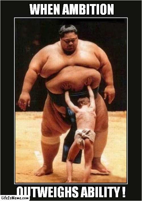 Sumo ! | WHEN AMBITION; OUTWEIGHS ABILITY ! | image tagged in fun,sumo,demotivational | made w/ Lifeismeme meme maker