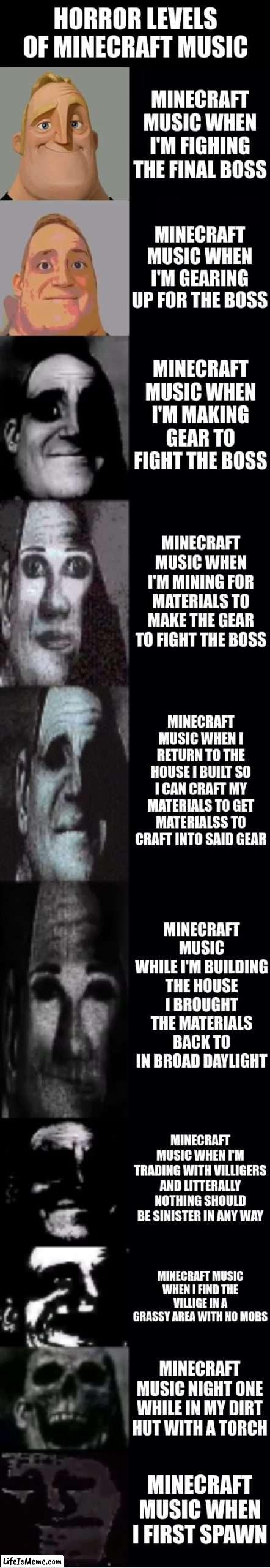 should I be preparing for something? | HORROR LEVELS OF MINECRAFT MUSIC; MINECRAFT MUSIC WHEN I'M FIGHING THE FINAL BOSS; MINECRAFT MUSIC WHEN I'M GEARING UP FOR THE BOSS; MINECRAFT MUSIC WHEN I'M MAKING GEAR TO FIGHT THE BOSS; MINECRAFT MUSIC WHEN I'M MINING FOR MATERIALS TO MAKE THE GEAR TO FIGHT THE BOSS; MINECRAFT MUSIC WHEN I RETURN TO THE HOUSE I BUILT SO I CAN CRAFT MY MATERIALS TO GET MATERIALSS TO CRAFT INTO SAID GEAR; MINECRAFT MUSIC WHILE I'M BUILDING THE HOUSE I BROUGHT THE MATERIALS BACK TO IN BROAD DAYLIGHT; MINECRAFT MUSIC WHEN I'M TRADING WITH VILLIGERS AND LITTERALLY NOTHING SHOULD BE SINISTER IN ANY WAY; MINECRAFT MUSIC WHEN I FIND THE VILLIGE IN A GRASSY AREA WITH NO MOBS; MINECRAFT MUSIC NIGHT ONE WHILE IN MY DIRT HUT WITH A TORCH; MINECRAFT MUSIC WHEN I FIRST SPAWN | image tagged in mr incredible becoming uncanny,funny,funny memes,memes,minecraft,minecraft memes | made w/ Lifeismeme meme maker