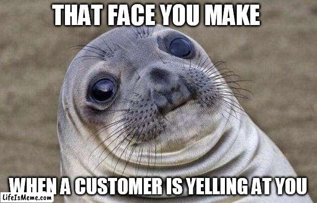 that face I make | THAT FACE YOU MAKE; WHEN A CUSTOMER IS YELLING AT YOU | image tagged in memes,awkward moment sealion | made w/ Lifeismeme meme maker
