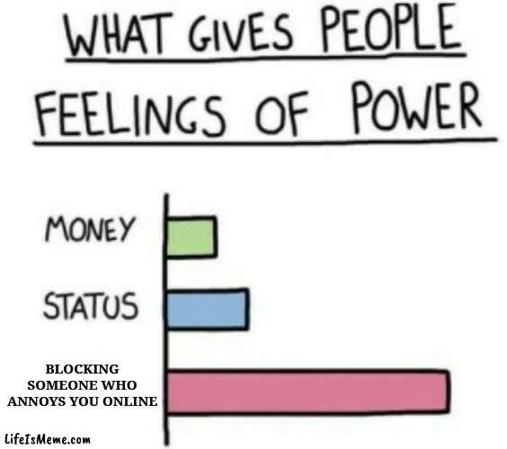 Nothing wrong with that! | BLOCKING SOMEONE WHO ANNOYS YOU ONLINE | image tagged in what gives people feelings of power,social media,online,power,self defense,self esteem | made w/ Lifeismeme meme maker