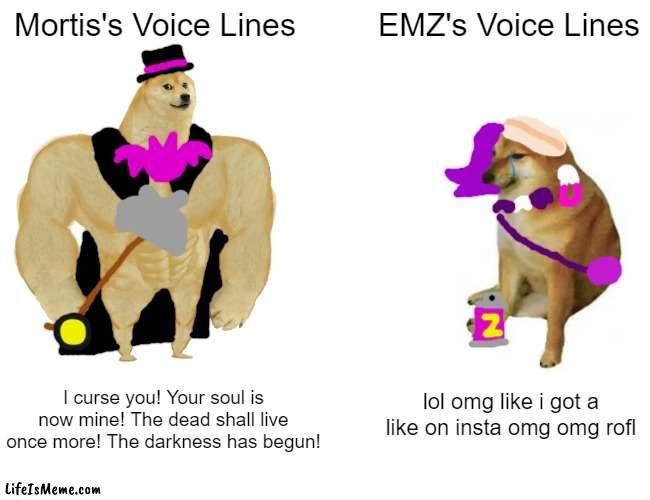 EMZ Doesn't Fit in The Trio | Mortis's Voice Lines; EMZ's Voice Lines; I curse you! Your soul is now mine! The dead shall live once more! The darkness has begun! lol omg like i got a like on insta omg omg rofl | image tagged in memes,buff doge vs cheems,brawl stars | made w/ Lifeismeme meme maker