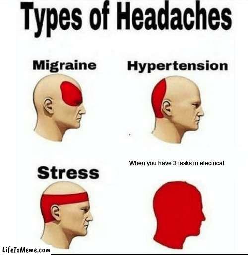 Among us be like | When you have 3 tasks in electrical | image tagged in types of headaches meme,among us | made w/ Lifeismeme meme maker