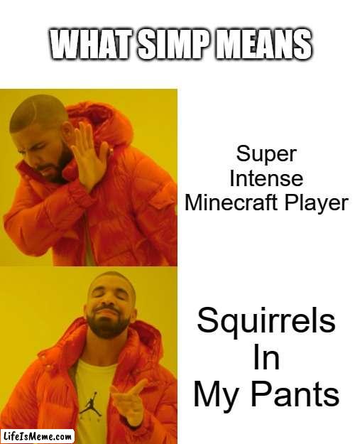 only true fan knows this | WHAT SIMP MEANS; Super Intense Minecraft Player; Squirrels In My Pants | image tagged in memes,drake hotline bling,phineas and ferb | made w/ Lifeismeme meme maker