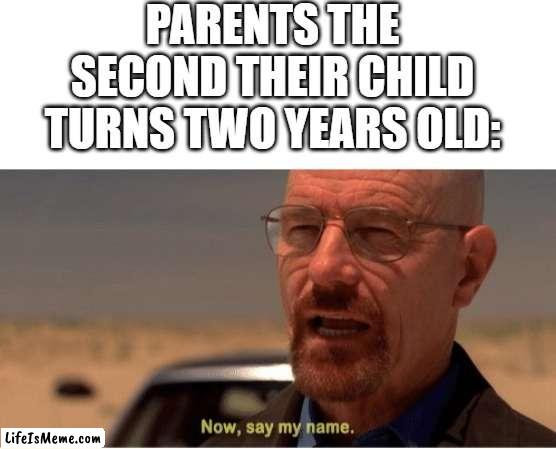 high expectations | PARENTS THE SECOND THEIR CHILD TURNS TWO YEARS OLD: | image tagged in blank white template,now say my name,breaking bad,funny,funny memes,memes | made w/ Lifeismeme meme maker