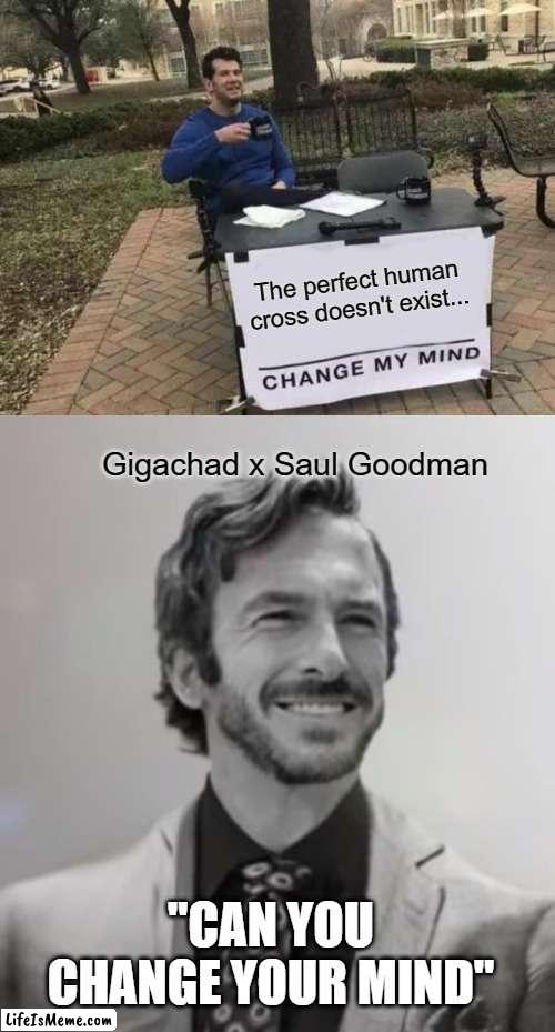 I think I changed his mind | The perfect human cross doesn't exist... Gigachad x Saul Goodman; "CAN YOU CHANGE YOUR MIND" | image tagged in memes,change my mind,gigachad,better call saul,saul goodman | made w/ Lifeismeme meme maker