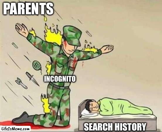 Don’t lie, you use it | PARENTS; INCOGNITO; SEARCH HISTORY | image tagged in soldier protecting sleeping child | made w/ Lifeismeme meme maker